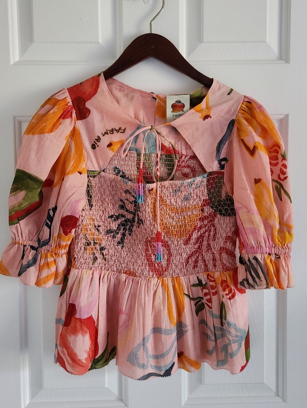 Farm Rio Pink Peach Mixed Fruit Floral Smocked 100% Cotton Blouse